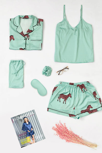 6-Piece Zebra Pattern Green Satin Pajama Shorts Set