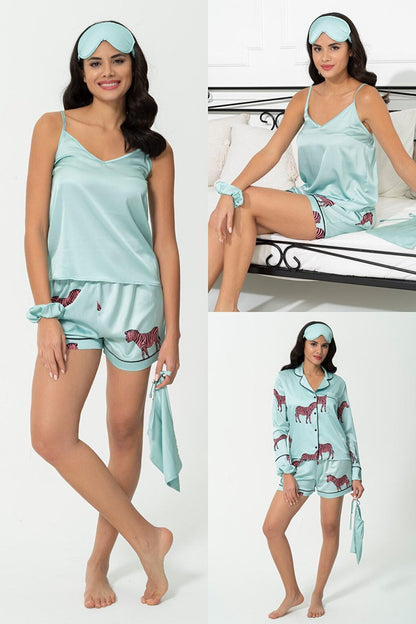 6-Piece Zebra Pattern Green Satin Pajama Shorts Set