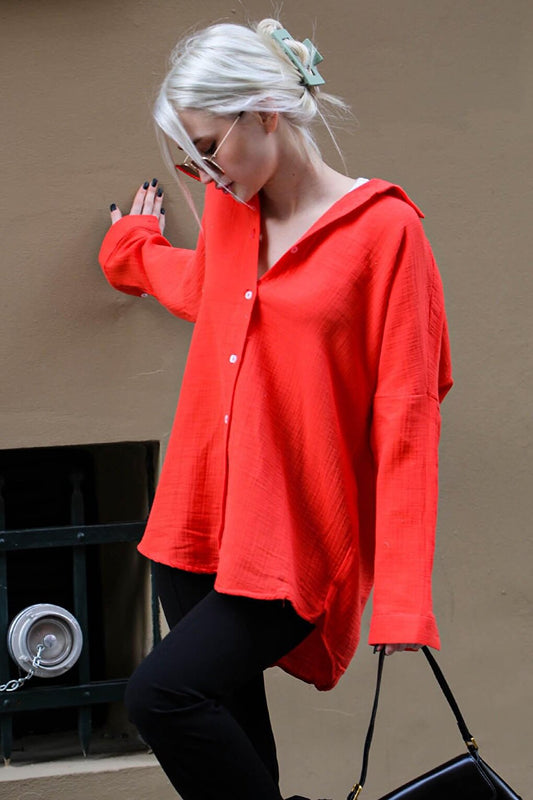 Red Muslin Fabric Basic Women's Shirt MG1660