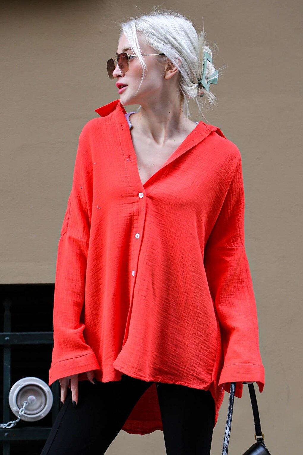 Red Muslin Fabric Basic Women's Shirt MG1660