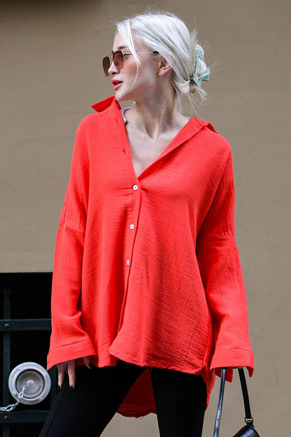 Red Muslin Fabric Basic Women's Shirt MG1660