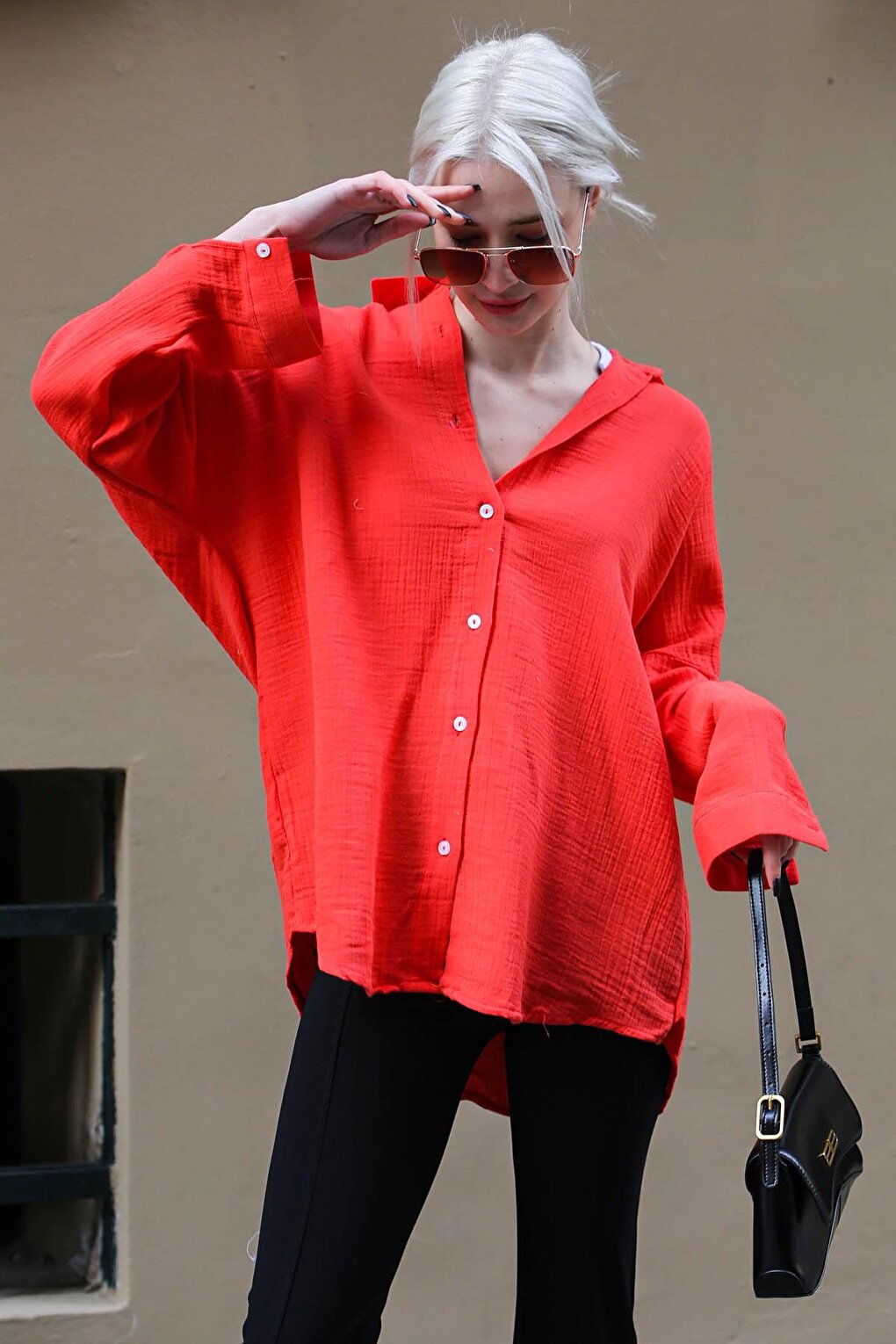 Red Muslin Fabric Basic Women's Shirt MG1660