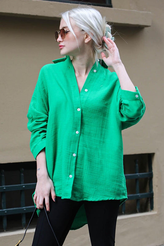 Green Muslin Fabric Basic Women's Shirt MG1660