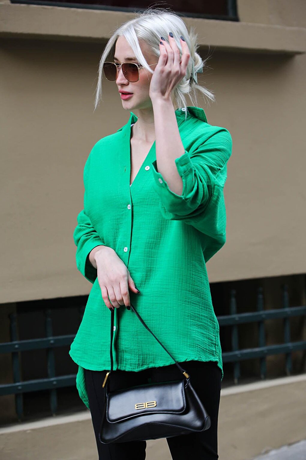 Green Muslin Fabric Basic Women's Shirt MG1660