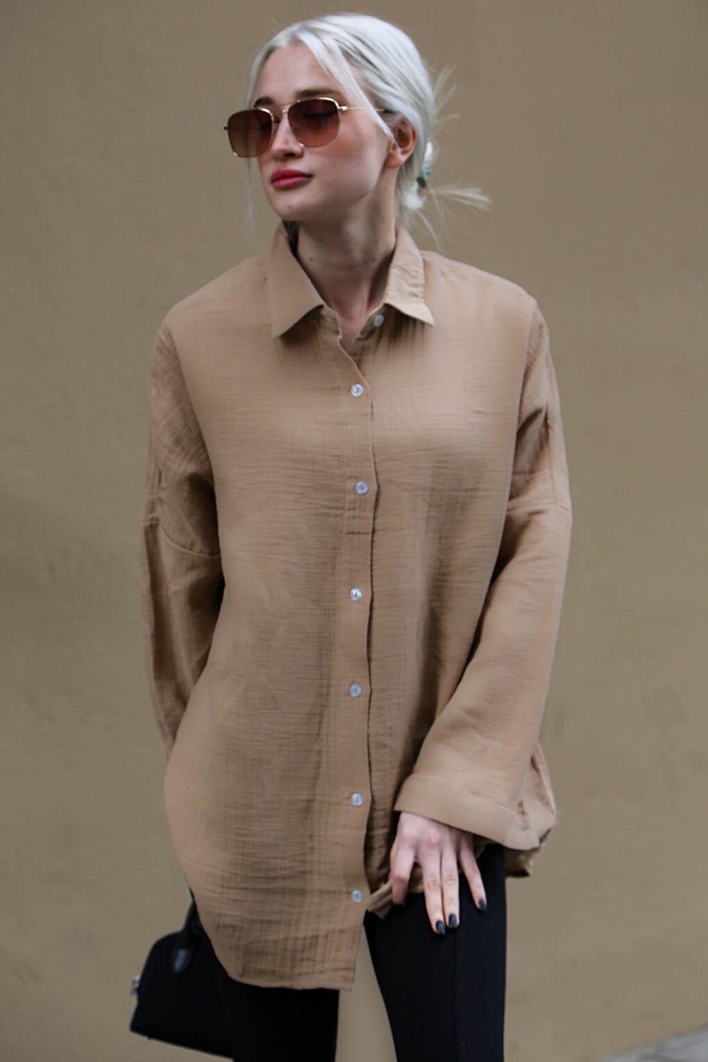 Camel Muslin Fabric Basic Women's Shirt MG1660