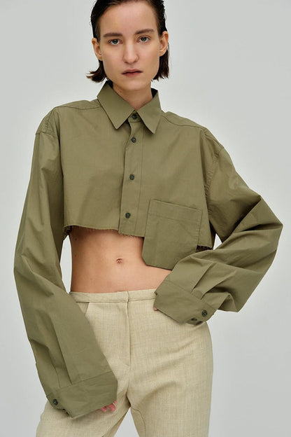 Khaki Pocket Detailed Crop Shirt MG1644