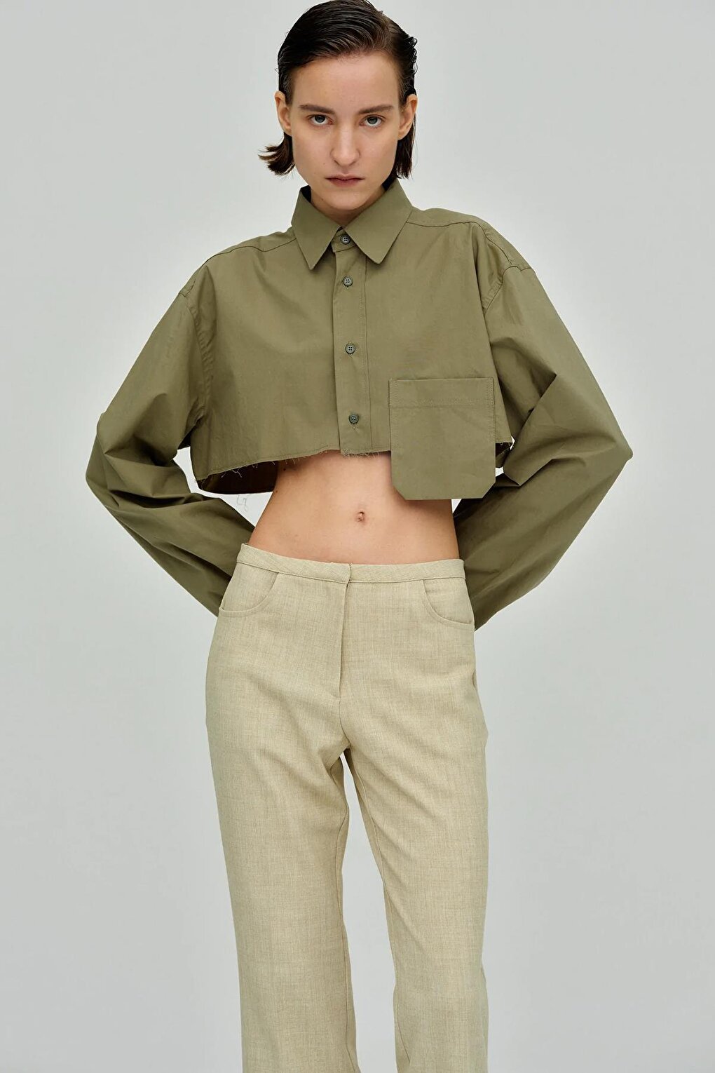 Khaki Pocket Detailed Crop Shirt MG1644