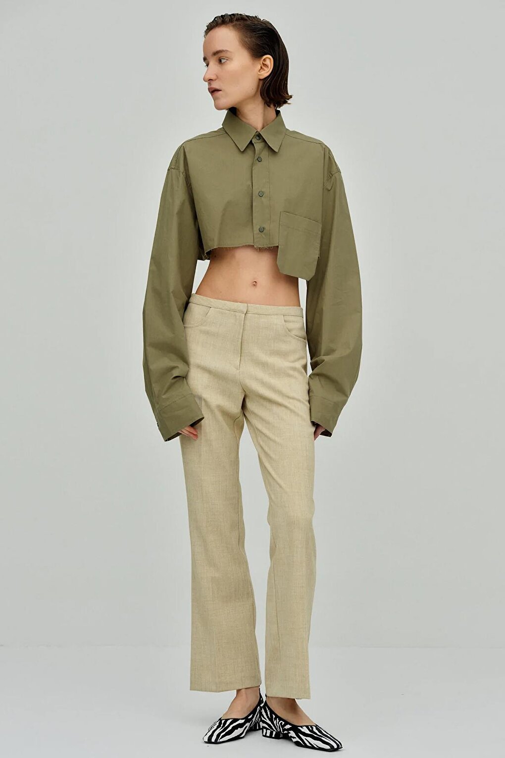 Khaki Pocket Detailed Crop Shirt MG1644