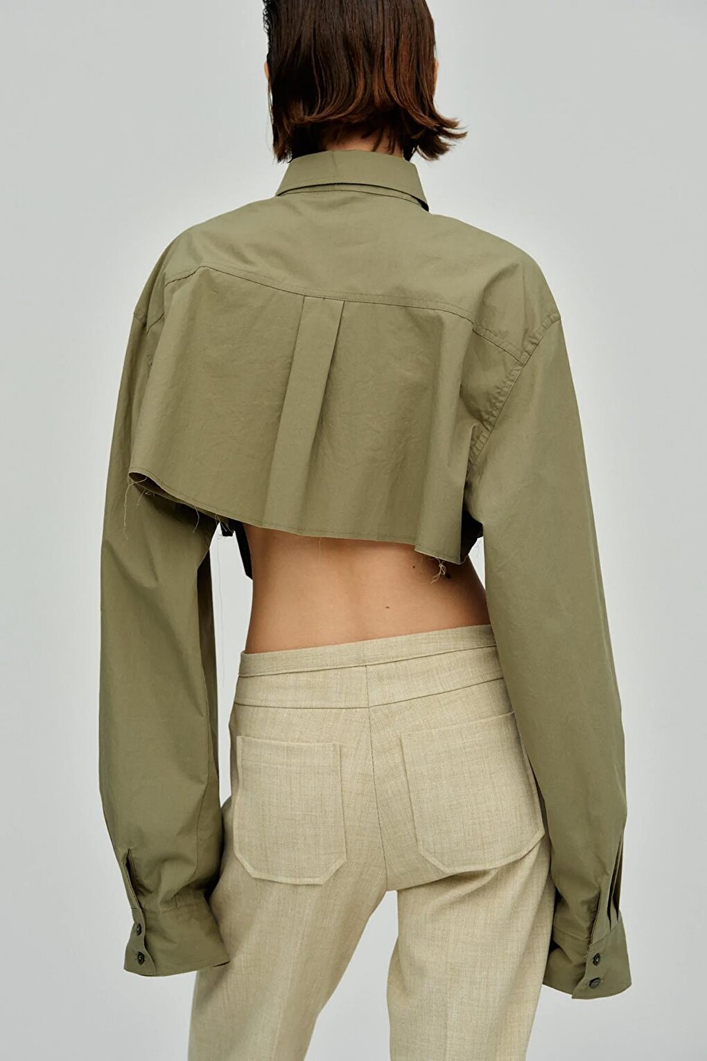 Khaki Pocket Detailed Crop Shirt MG1644