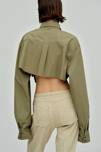 Khaki Pocket Detailed Crop Shirt MG1644