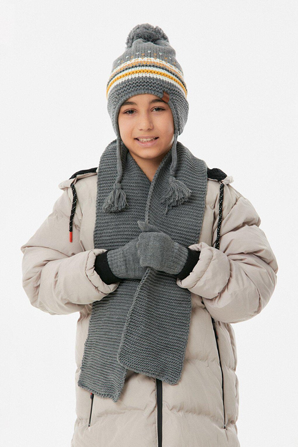 Striped Boy's Scarf, Beret and Gloves Set