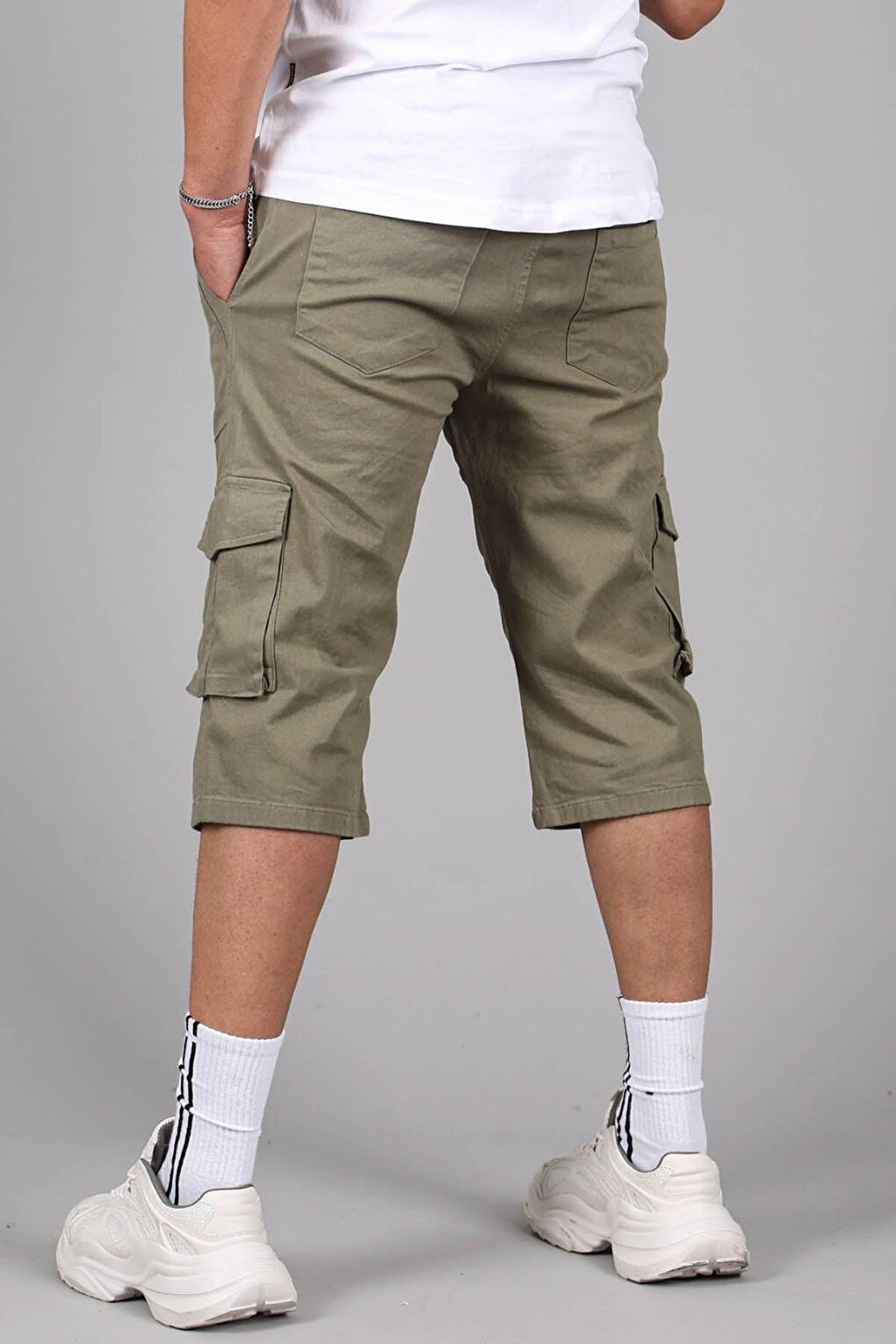 Khaki Gabardine Cargo Pocket Men's Capri Shorts 5754