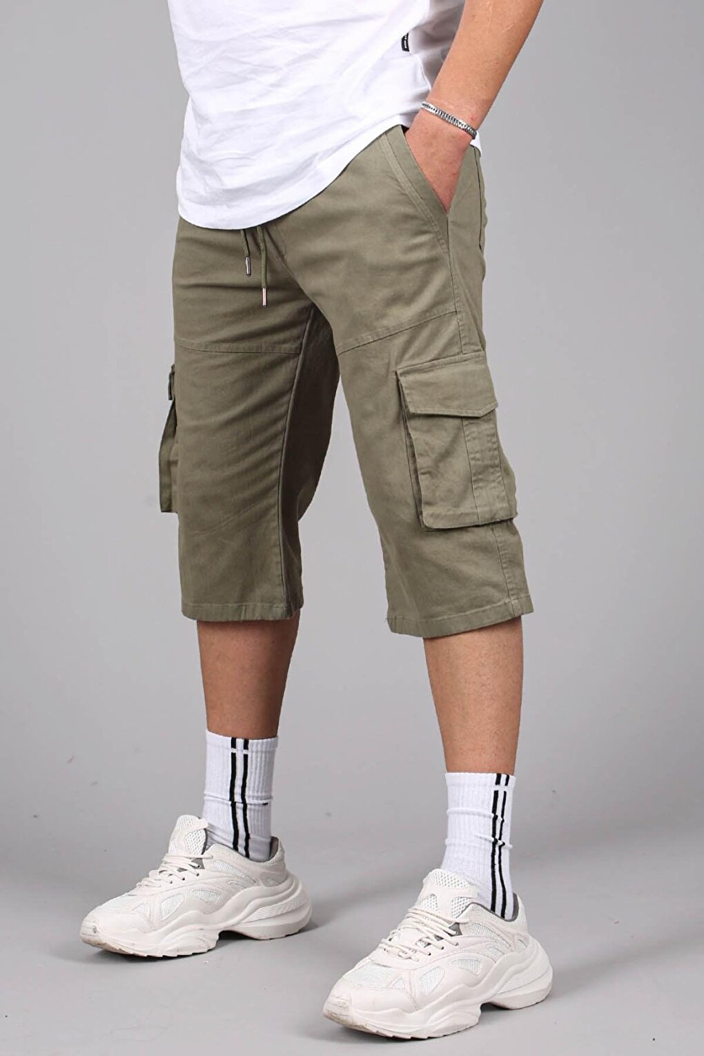 Khaki Gabardine Cargo Pocket Men's Capri Shorts 5754