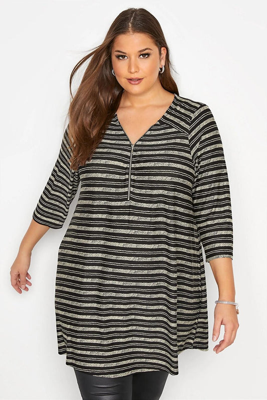 Large Size V-Neck Front Zipper Detailed Half Sleeve Striped Tunic 173690