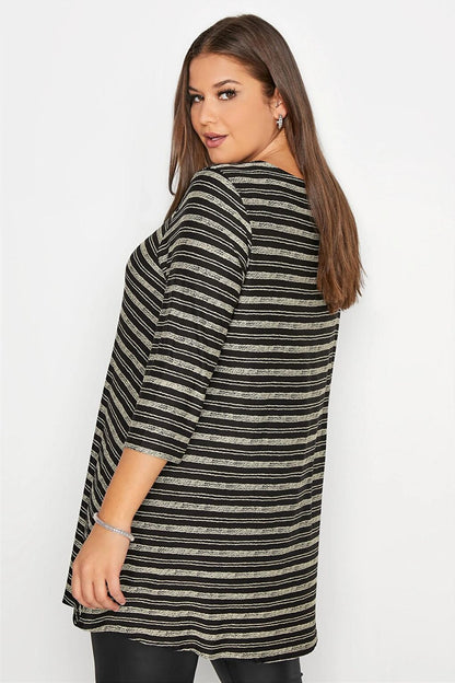 Large Size V-Neck Front Zipper Detailed Half Sleeve Striped Tunic 173690