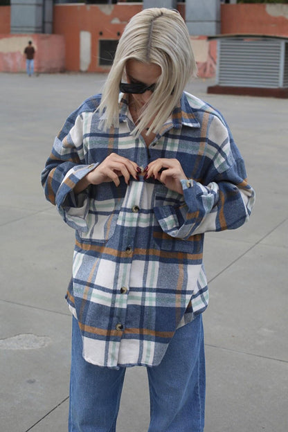 Navy Blue Oversize Women's Lumberjack Shirt MG1589