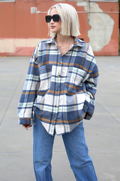 Navy Blue Oversize Women's Lumberjack Shirt MG1589