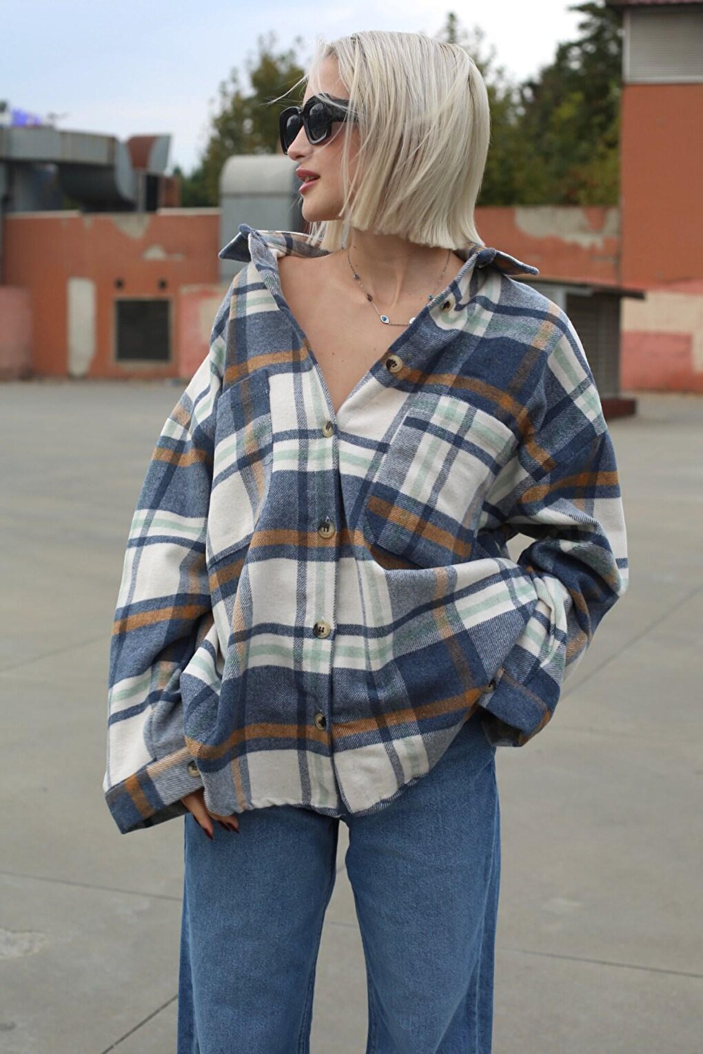 Navy Blue Oversize Women's Lumberjack Shirt MG1589