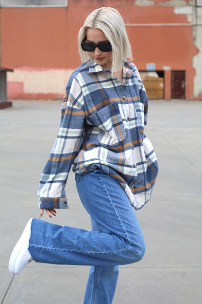 Navy Blue Oversize Women's Lumberjack Shirt MG1589