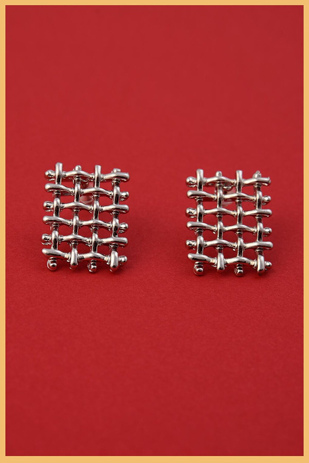 Silver Plated Knitted Rectangular Earrings