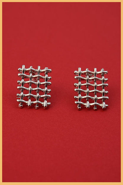 Silver Plated Knitted Rectangular Earrings