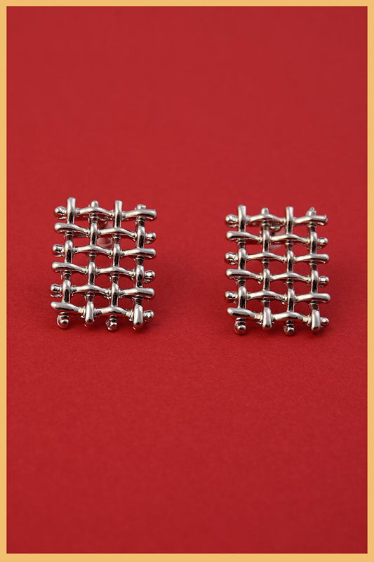 Silver Plated Knitted Rectangular Earrings