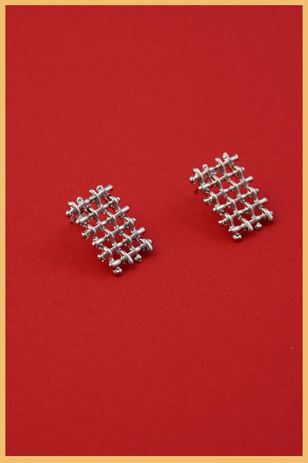 Silver Plated Knitted Rectangular Earrings