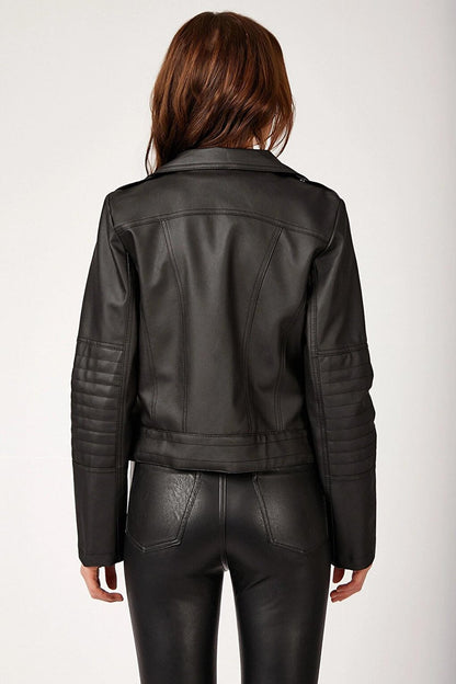 Black Zippered Chain Detailed Short Leather Coat