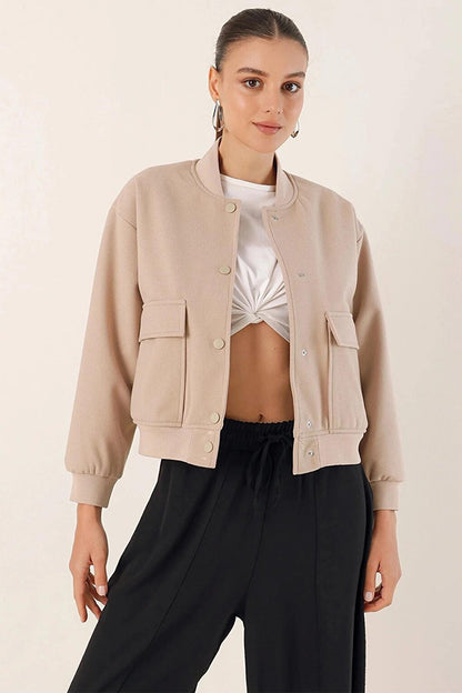 Women's Cream Double Pocket Snap Closure Satin Lined Inside Crop Jacket HZL24W-BD106881