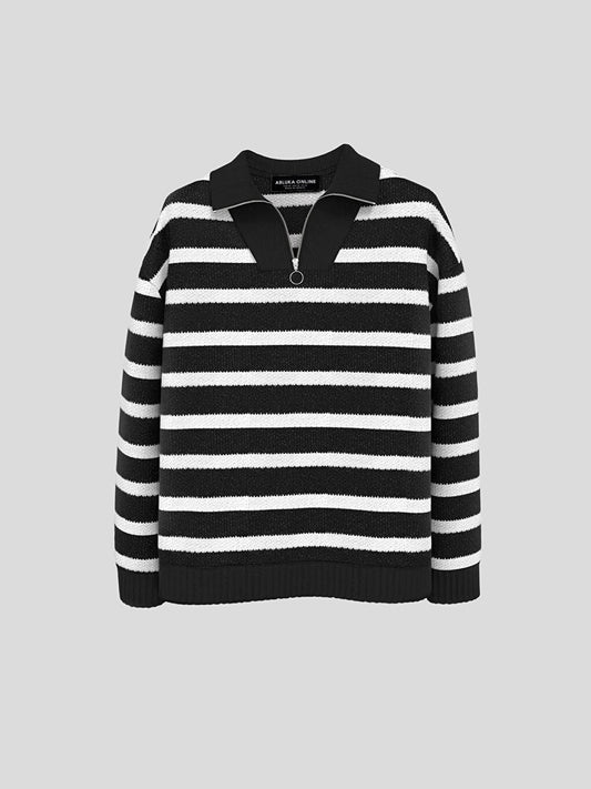 Oversize Zippered Striped Sweater Black