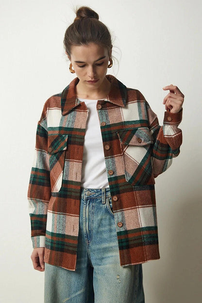 Women's Brown Green Plaid Pattern Stamp Lumberjack Shirt Jacket HZL24W-BD139581