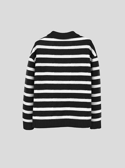 Oversize Zippered Striped Sweater Black