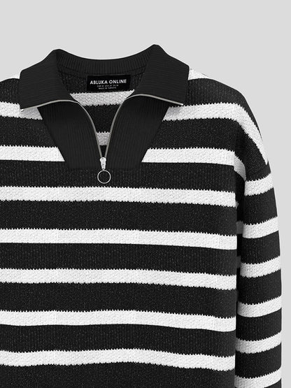 Oversize Zippered Striped Sweater Black