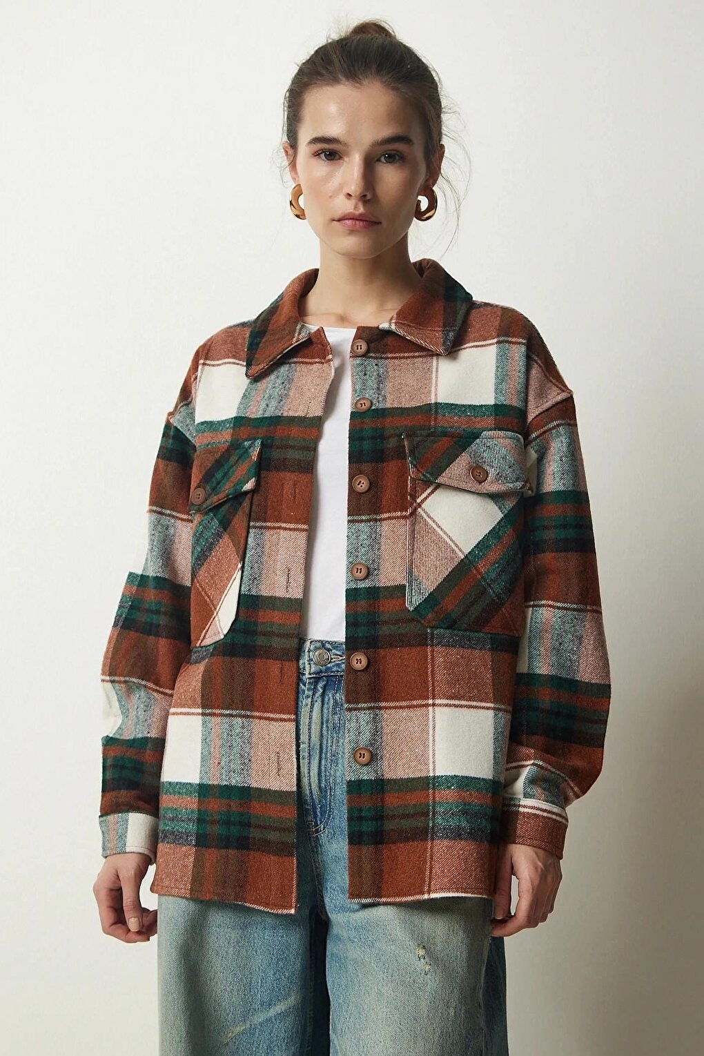 Women's Brown Green Plaid Pattern Stamp Lumberjack Shirt Jacket HZL24W-BD139581