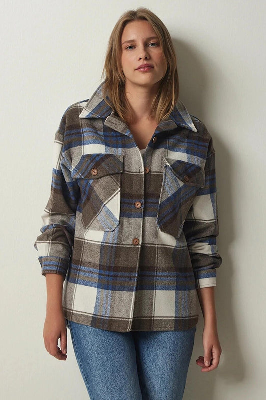 Women's Navy Blue Brown Plaid Pattern Stamp Lumberjack Shirt Jacket HZL24W-BD139581