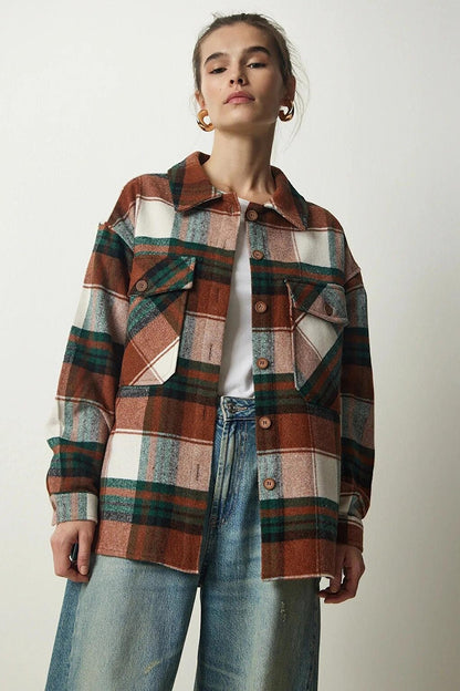 Women's Brown Green Plaid Pattern Stamp Lumberjack Shirt Jacket HZL24W-BD139581