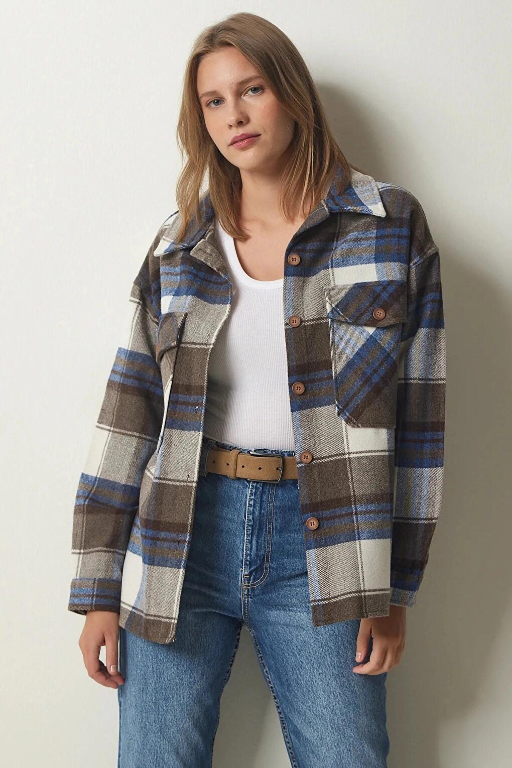 Women's Navy Blue Brown Plaid Pattern Stamp Lumberjack Shirt Jacket HZL24W-BD139581