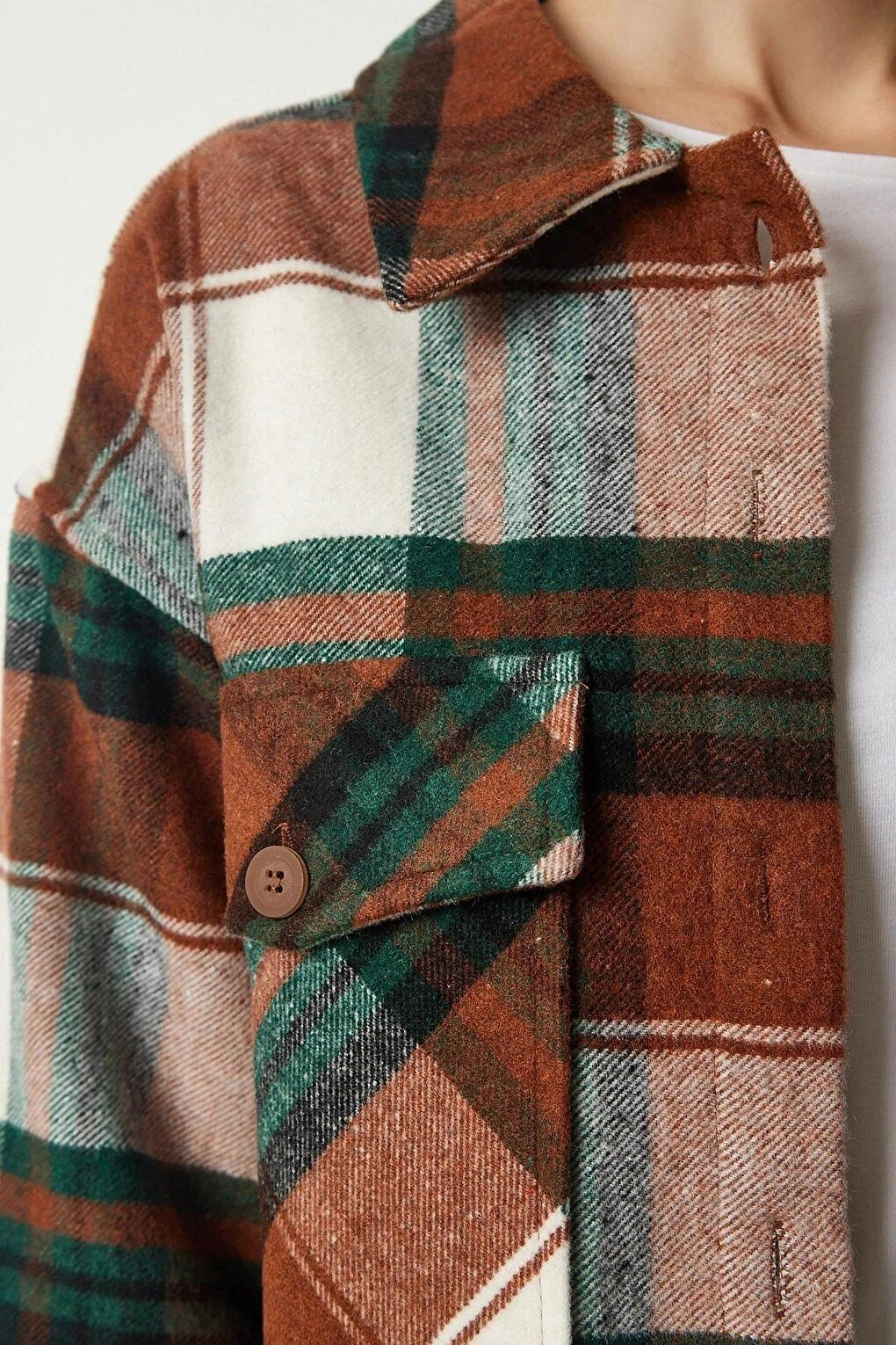 Women's Brown Green Plaid Pattern Stamp Lumberjack Shirt Jacket HZL24W-BD139581