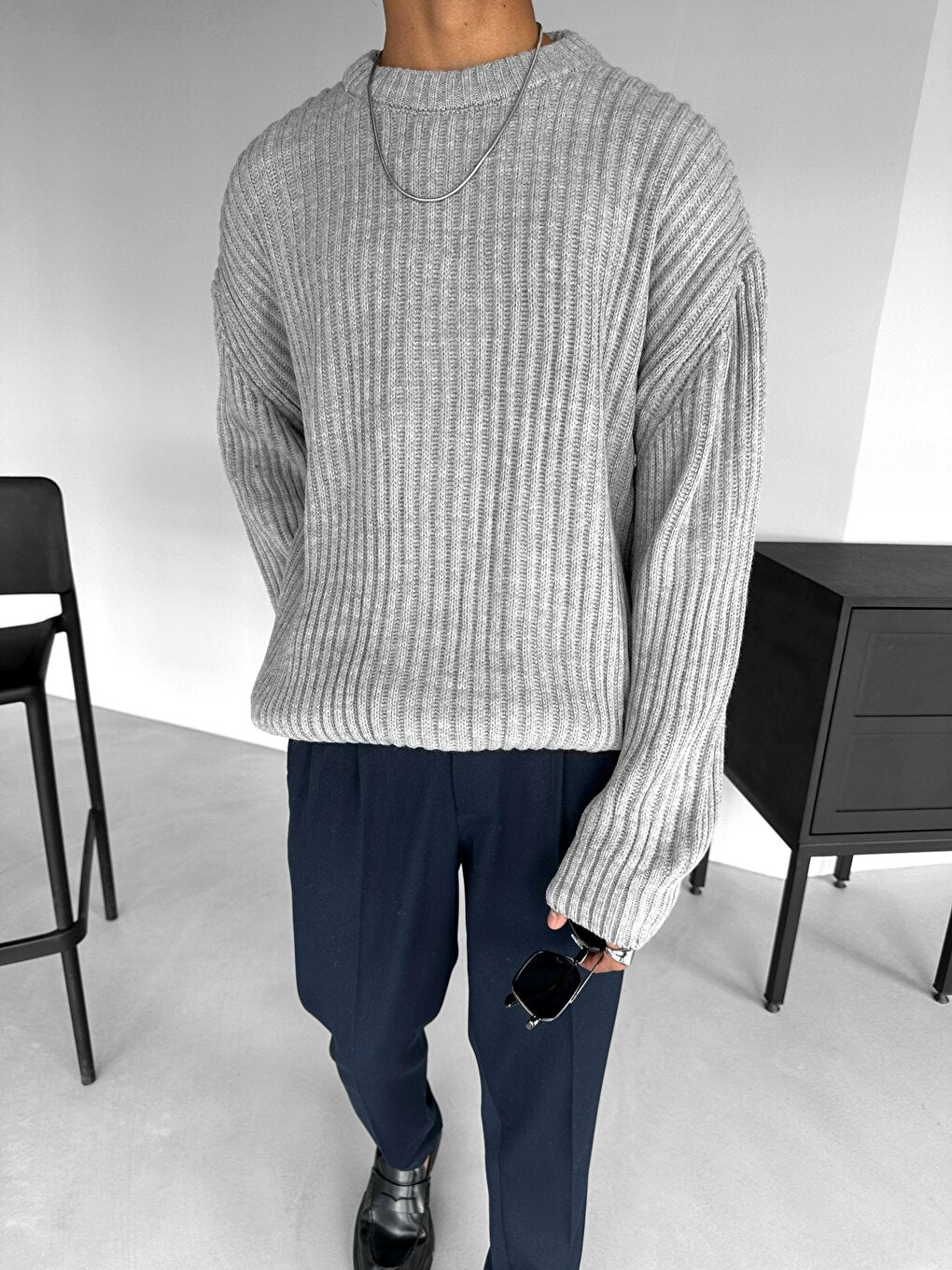 Extra Oversize Corded Knitted Sweater Gray