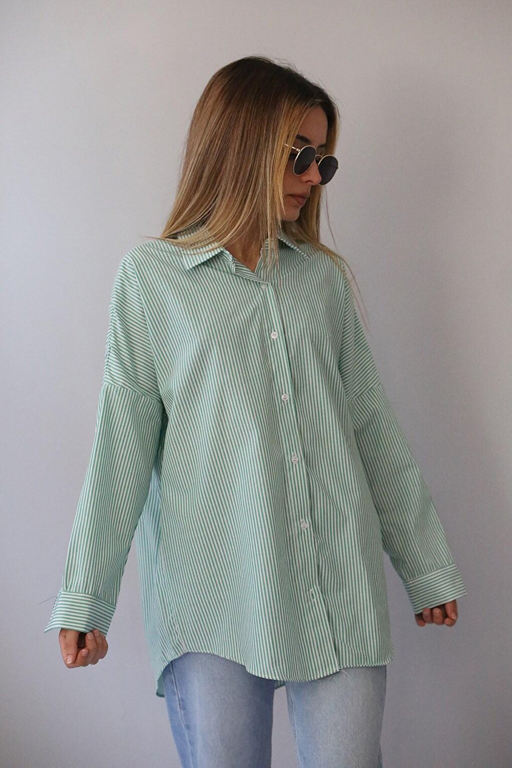 Green Striped Over Fit Shirt MG1525