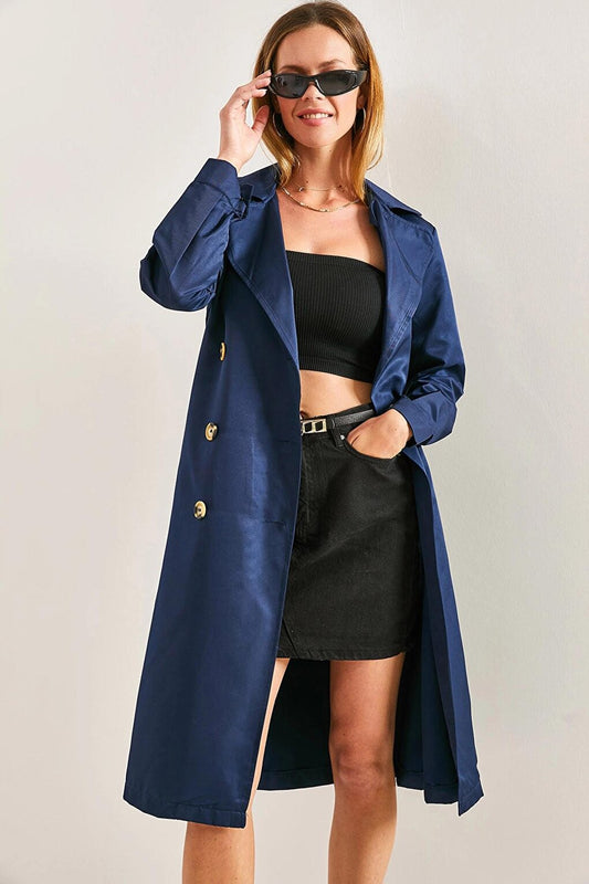 Women's Buttoned Belted Trench Coat