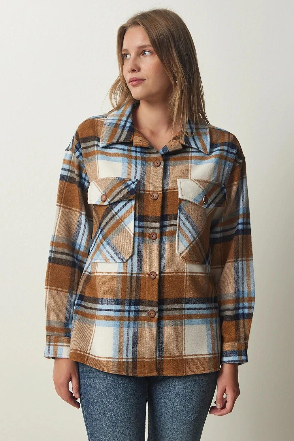 Women's Camel Blue Plaid Pattern Stamp Lumberjack Shirt Jacket HZL24W-BD139581