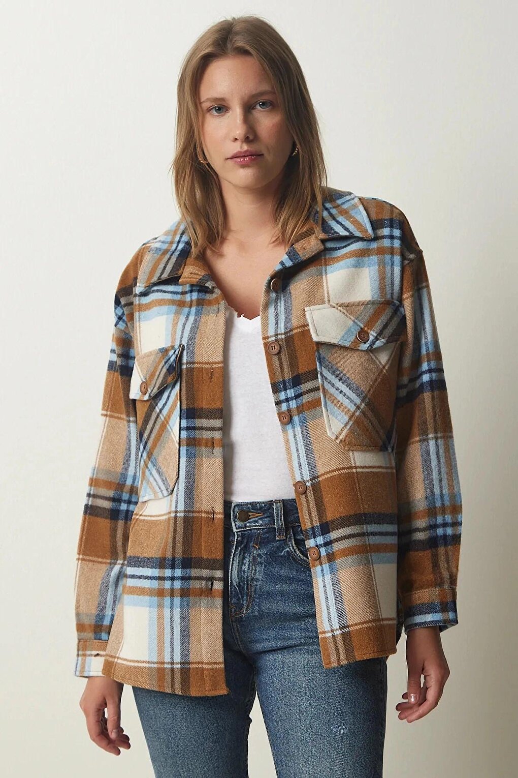 Women's Camel Blue Plaid Pattern Stamp Lumberjack Shirt Jacket HZL24W-BD139581