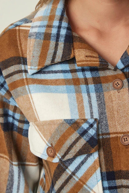 Women's Camel Blue Plaid Pattern Stamp Lumberjack Shirt Jacket HZL24W-BD139581