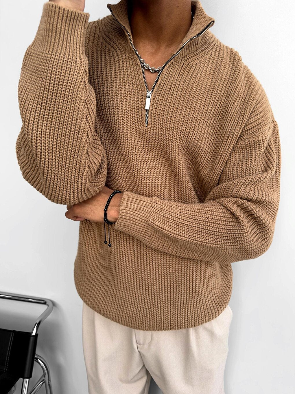 Oversize Half Zipper Sweater Brown