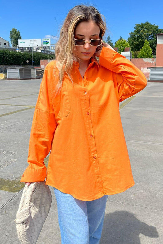 Orange Oversize Basic Pocketed Poplin Shirt MG1530