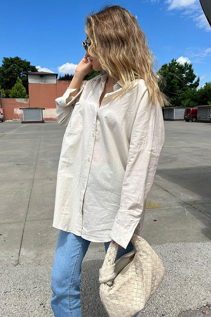 Beige Oversize Basic Poplin Shirt with Pockets MG1530