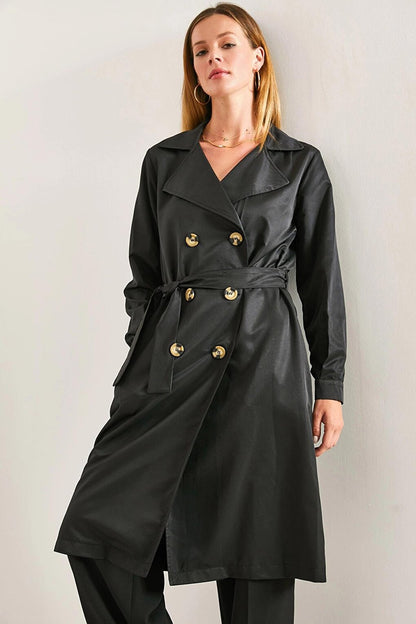 Women's Buttoned Belted Trench Coat