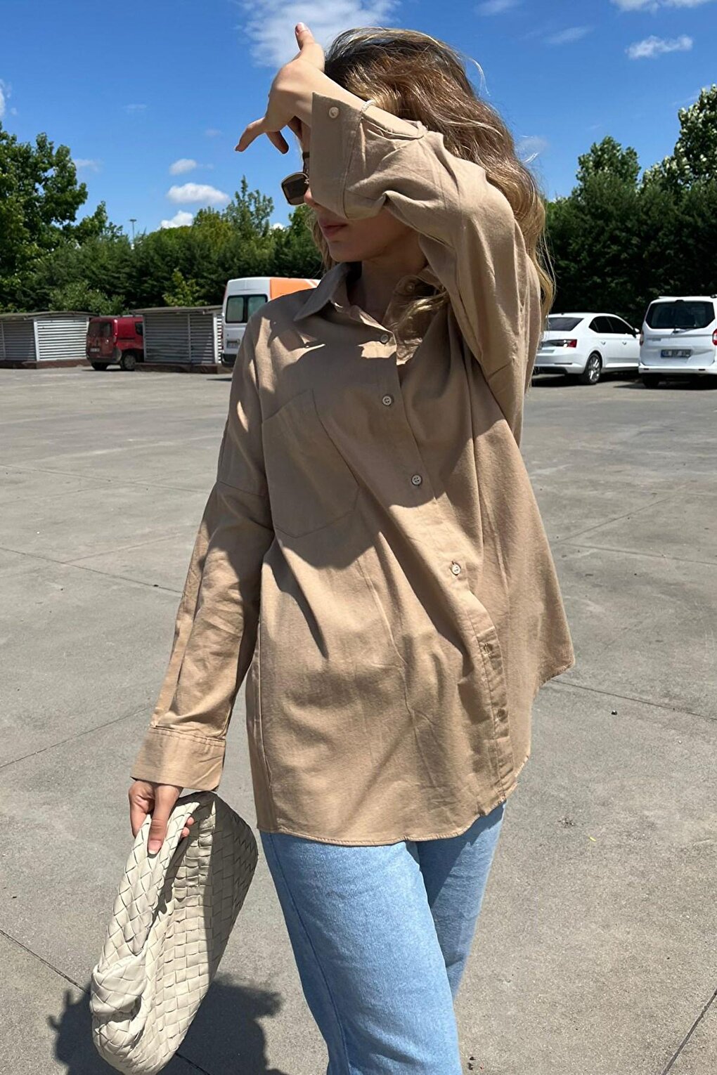 Brown Oversize Basic Pocketed Poplin Shirt MG1530