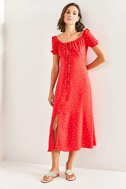 Women's Square Collar String Polka Dot Dress